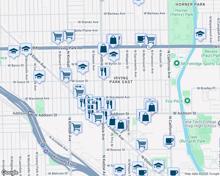 map of restaurants, bars, coffee shops, grocery stores, and more near 3756 North Troy Street in Chicago