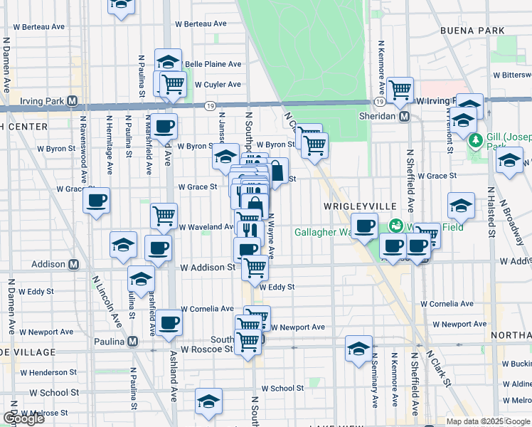 map of restaurants, bars, coffee shops, grocery stores, and more near 1336 West Waveland Avenue in Chicago