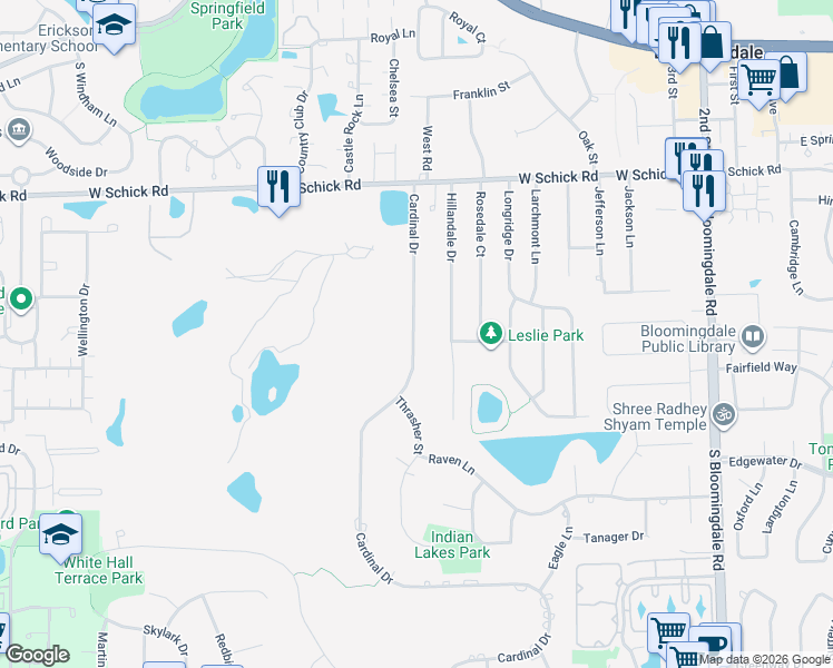 map of restaurants, bars, coffee shops, grocery stores, and more near 209 Cardinal Drive in Bloomingdale