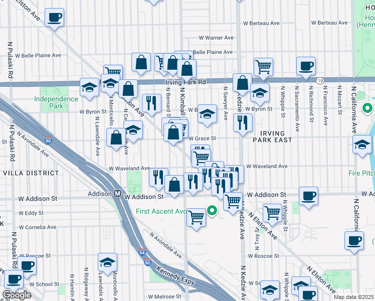 map of restaurants, bars, coffee shops, grocery stores, and more near 3716 North Kimball Avenue in Chicago