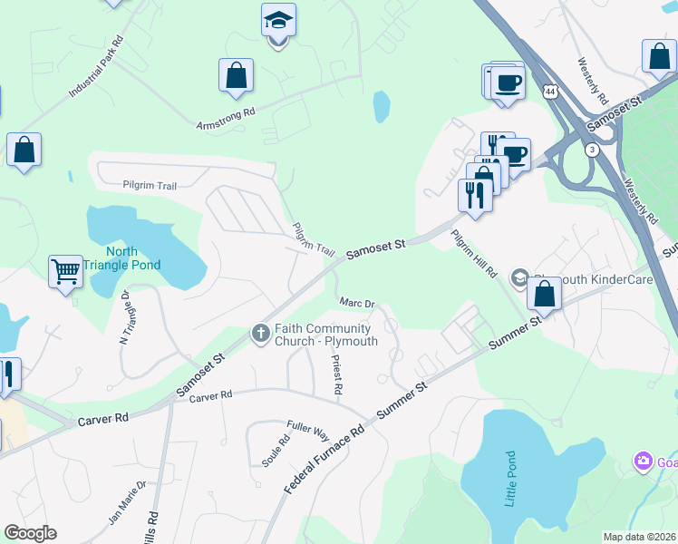 map of restaurants, bars, coffee shops, grocery stores, and more near 7 Marc Drive in Plymouth