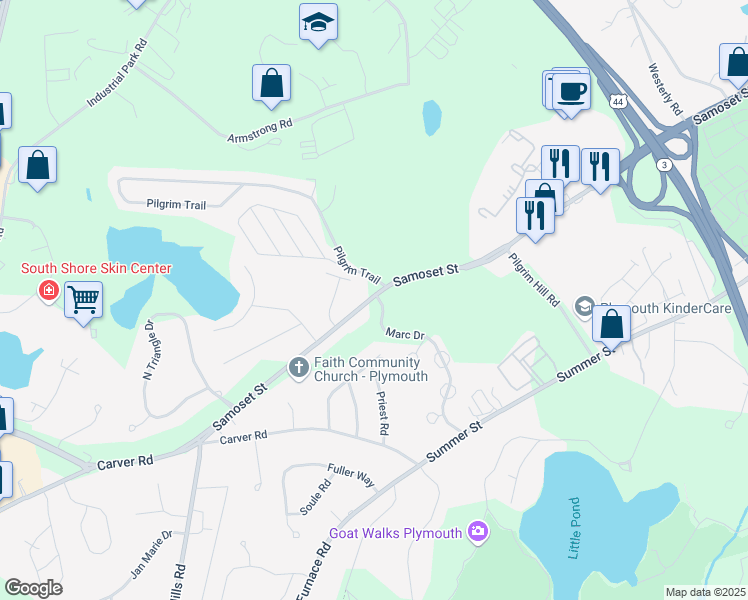 map of restaurants, bars, coffee shops, grocery stores, and more near 4 Marc Drive in Plymouth