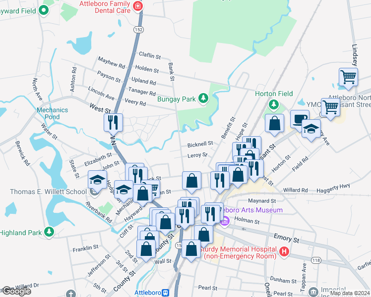 map of restaurants, bars, coffee shops, grocery stores, and more near 118 Bank Street in Attleboro