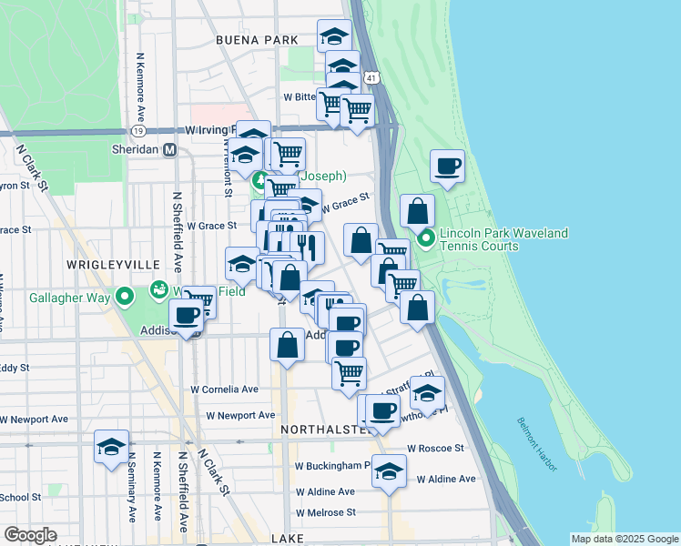 map of restaurants, bars, coffee shops, grocery stores, and more near 604 West Patterson Avenue in Chicago
