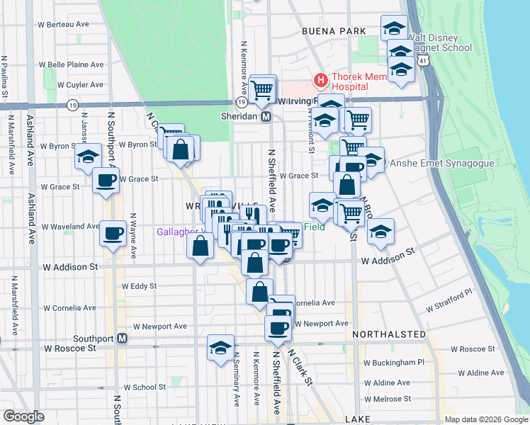 map of restaurants, bars, coffee shops, grocery stores, and more near 3701 North Kenmore Avenue in Chicago