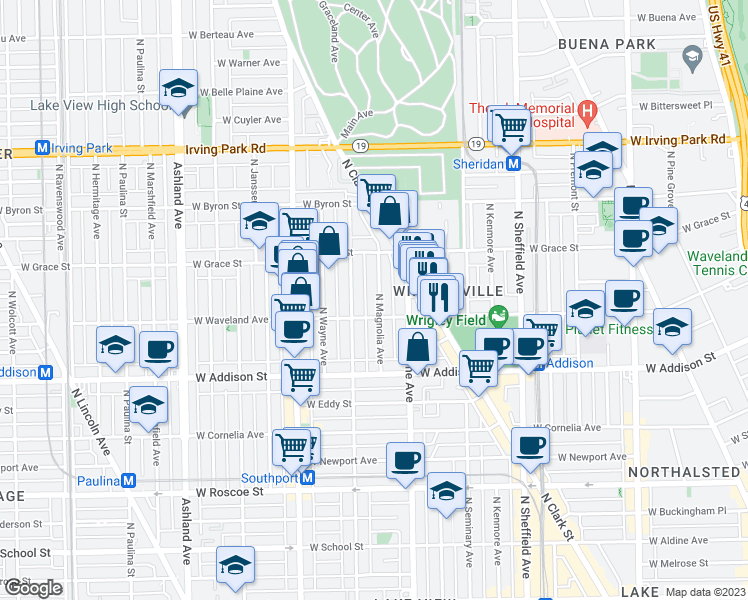 map of restaurants, bars, coffee shops, grocery stores, and more near 1216 West Waveland Avenue in Chicago