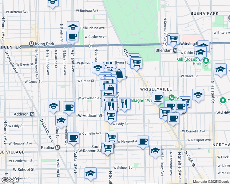 map of restaurants, bars, coffee shops, grocery stores, and more near 1336 West Waveland Avenue in Chicago