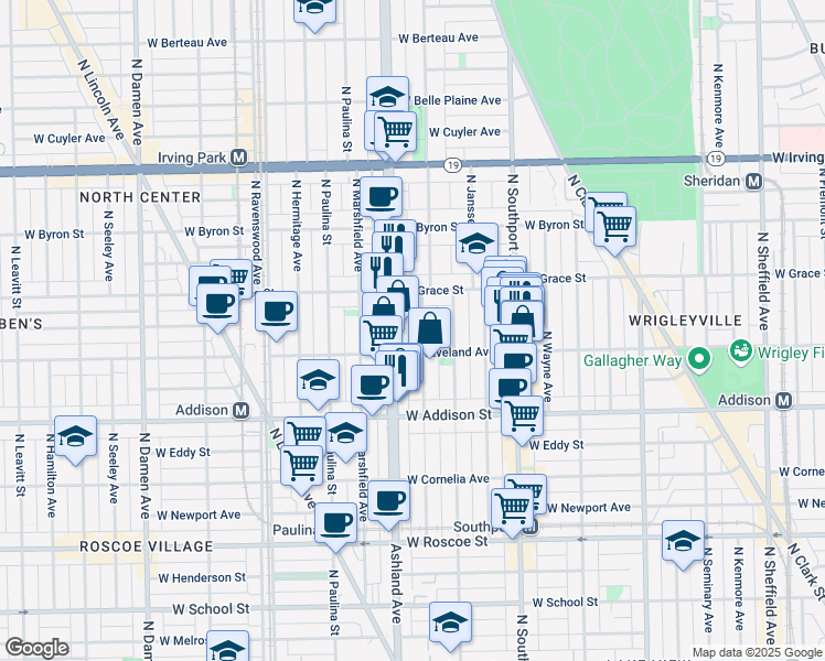 map of restaurants, bars, coffee shops, grocery stores, and more near 3703 North Bosworth Avenue in Chicago