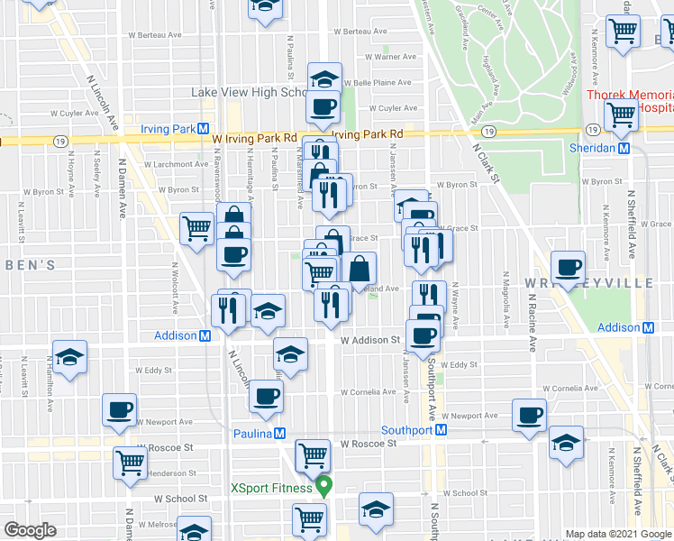 map of restaurants, bars, coffee shops, grocery stores, and more near 1600 West Waveland Avenue in Chicago