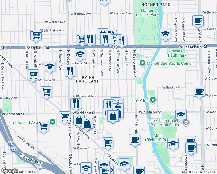 map of restaurants, bars, coffee shops, grocery stores, and more near 3712 North Richmond Street in Chicago