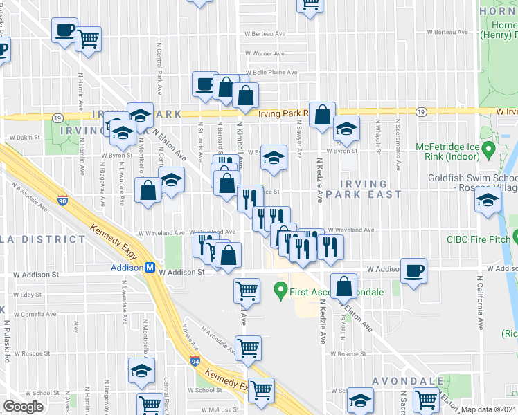 map of restaurants, bars, coffee shops, grocery stores, and more near 3717 North Christiana Avenue in Chicago