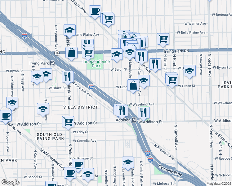 map of restaurants, bars, coffee shops, grocery stores, and more near 3730 North Ridgeway Avenue in Chicago