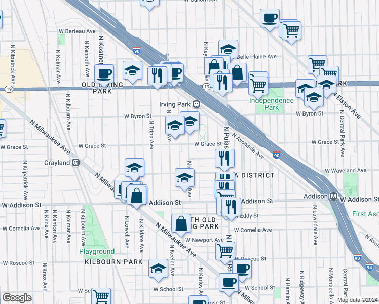 map of restaurants, bars, coffee shops, grocery stores, and more near 3725 North Kedvale Avenue in Chicago