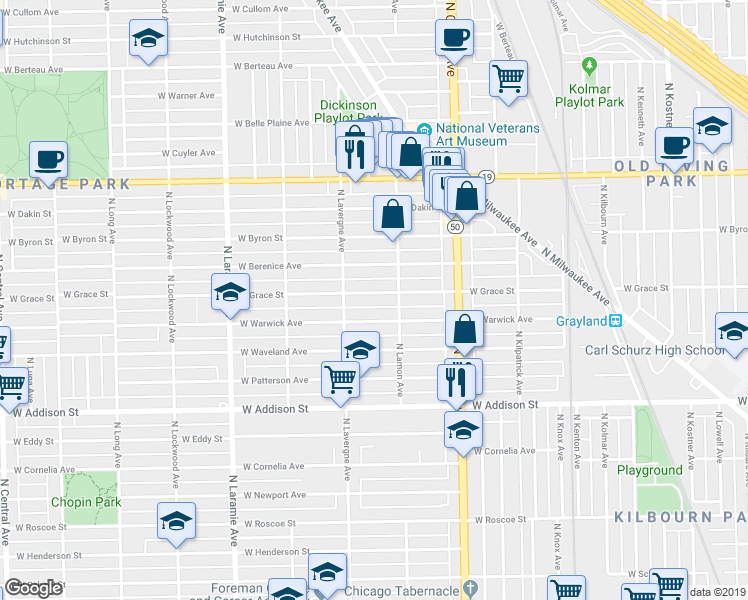 map of restaurants, bars, coffee shops, grocery stores, and more near 4944 West Warwick Avenue in Chicago