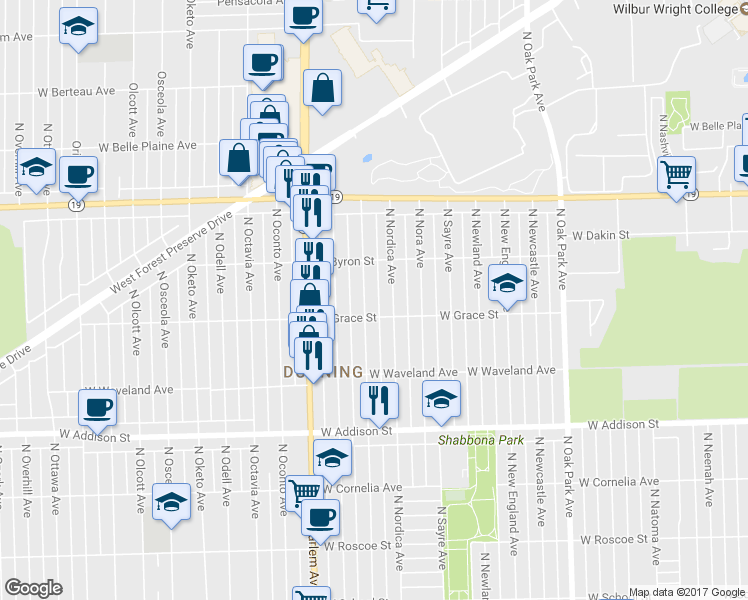 map of restaurants, bars, coffee shops, grocery stores, and more near 3802 North Nordica Avenue in Chicago