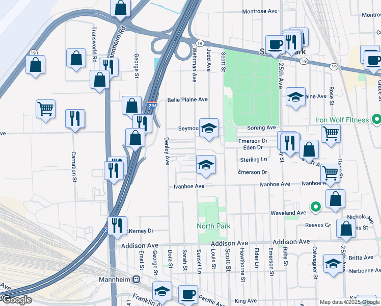 map of restaurants, bars, coffee shops, grocery stores, and more near 3900 Wehrman Avenue in Schiller Park