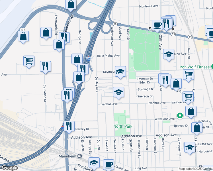 map of restaurants, bars, coffee shops, grocery stores, and more near 3900 Wehrman Avenue in Schiller Park