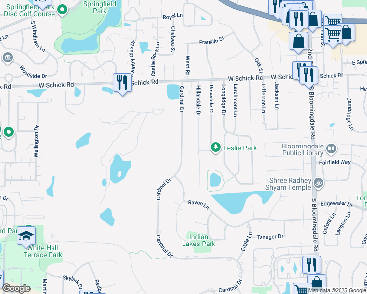 map of restaurants, bars, coffee shops, grocery stores, and more near 209 Cardinal Drive in Bloomingdale