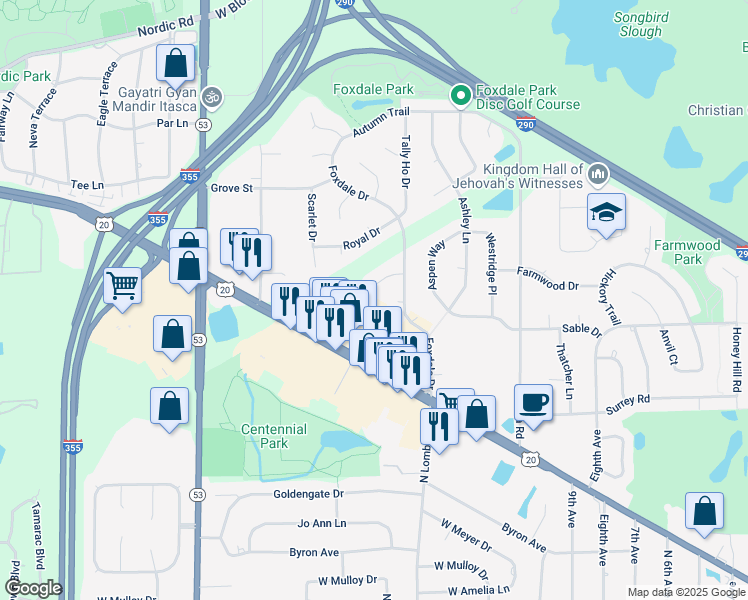 map of restaurants, bars, coffee shops, grocery stores, and more near 1580 West Lake Street in Addison