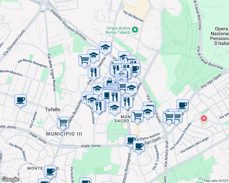 map of restaurants, bars, coffee shops, grocery stores, and more near 37 Via Franco Sacchetti in Rome