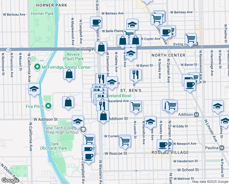 map of restaurants, bars, coffee shops, grocery stores, and more near 3730 North Oakley Avenue in Chicago