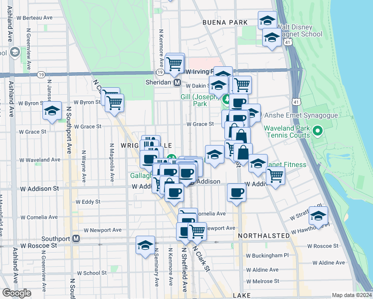 map of restaurants, bars, coffee shops, grocery stores, and more near 3713 North Sheffield Avenue in Chicago