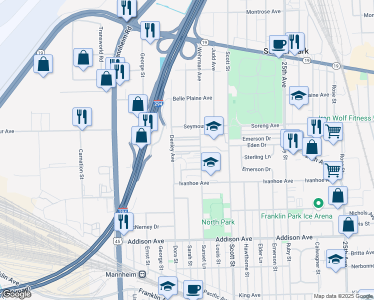 map of restaurants, bars, coffee shops, grocery stores, and more near 10143 Hartford Court in Schiller Park