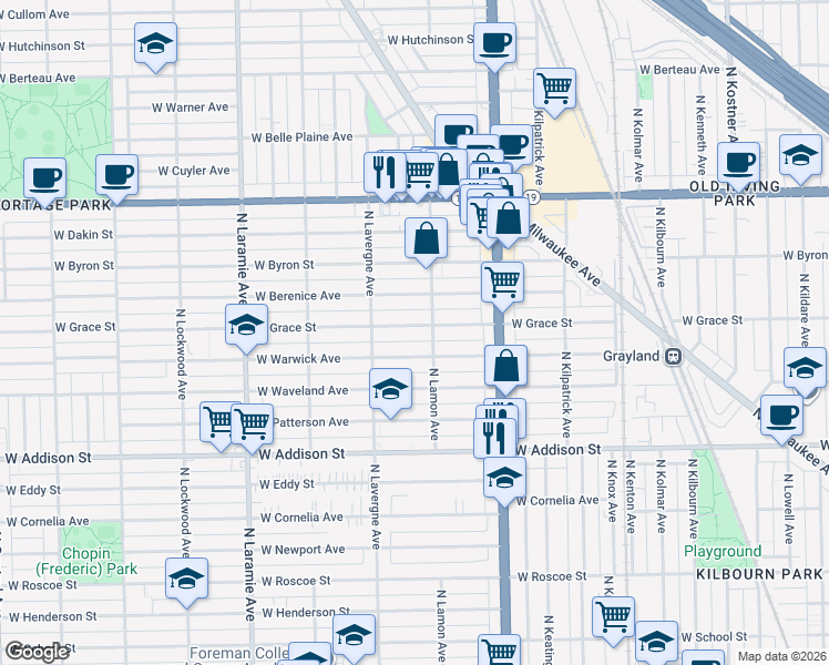 map of restaurants, bars, coffee shops, grocery stores, and more near 4904 West Warwick Avenue in Chicago