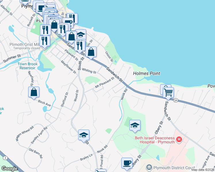 map of restaurants, bars, coffee shops, grocery stores, and more near 21 Bay View Avenue in Plymouth