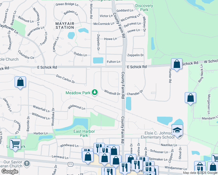 map of restaurants, bars, coffee shops, grocery stores, and more near 1840 Windmill Drive in Hanover Park