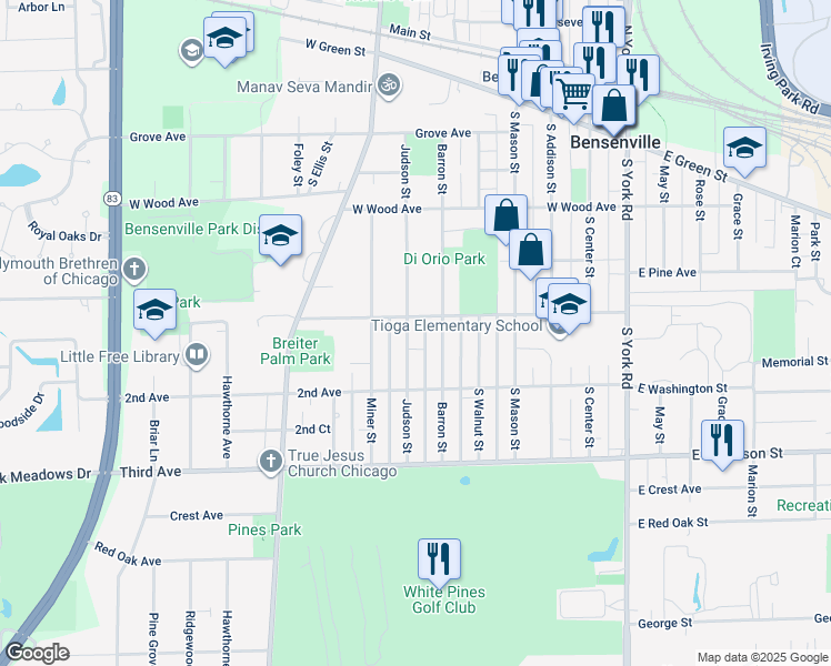 map of restaurants, bars, coffee shops, grocery stores, and more near 309 Judson Street in Bensenville