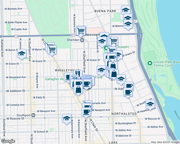 map of restaurants, bars, coffee shops, grocery stores, and more near 3712 North Wilton Avenue in Chicago