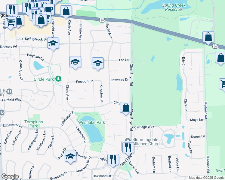 map of restaurants, bars, coffee shops, grocery stores, and more near 192 Euclid Avenue in Bloomingdale