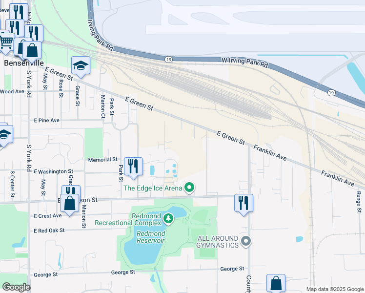 map of restaurants, bars, coffee shops, grocery stores, and more near 720 East Green Street in Bensenville