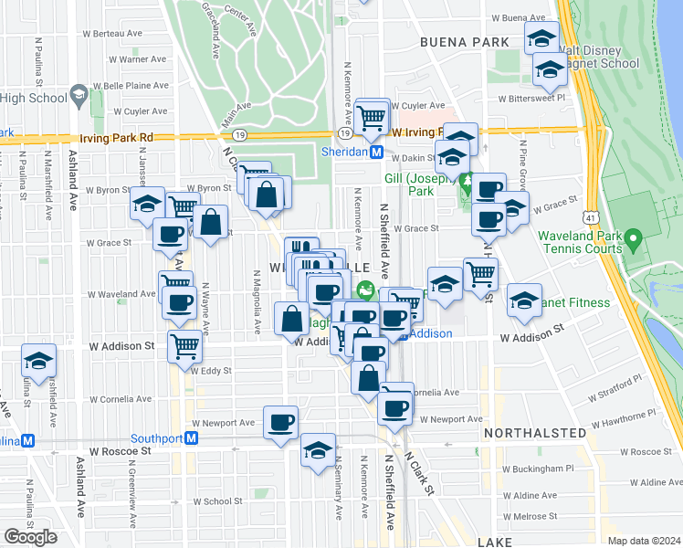 map of restaurants, bars, coffee shops, grocery stores, and more near 3717 North Seminary Avenue in Chicago