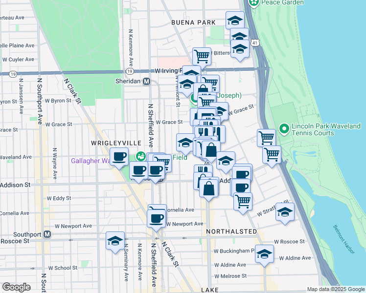 map of restaurants, bars, coffee shops, grocery stores, and more near 842 West Waveland Avenue in Chicago