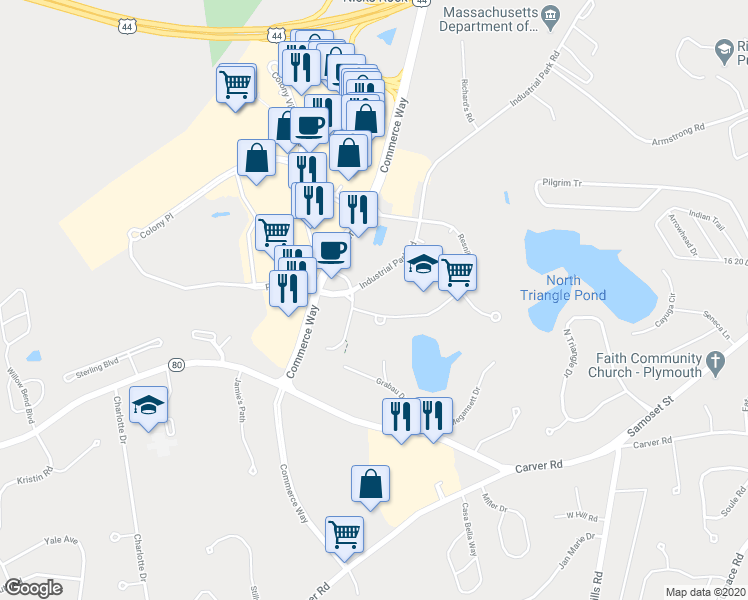map of restaurants, bars, coffee shops, grocery stores, and more near 6 Resnik Road in Plymouth
