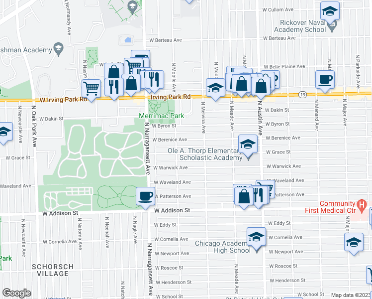 map of restaurants, bars, coffee shops, grocery stores, and more near 6240 West Grace Street in Chicago