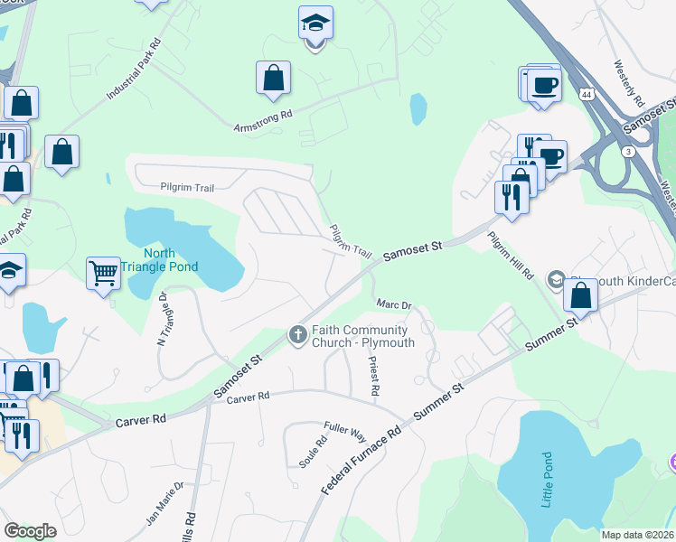 map of restaurants, bars, coffee shops, grocery stores, and more near 198 Samoset Street in Plymouth