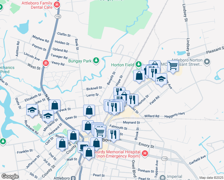 map of restaurants, bars, coffee shops, grocery stores, and more near 15 Hope Street in Attleboro