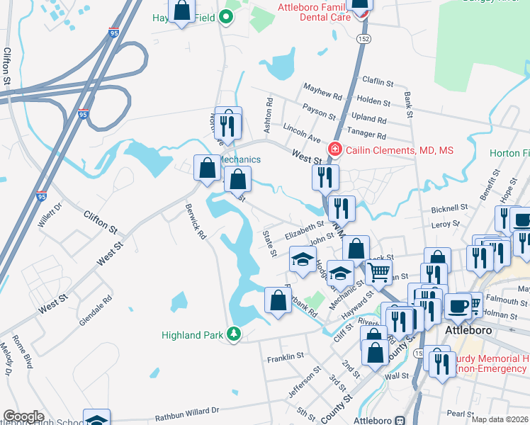 map of restaurants, bars, coffee shops, grocery stores, and more near 23 Milk Street in Attleboro