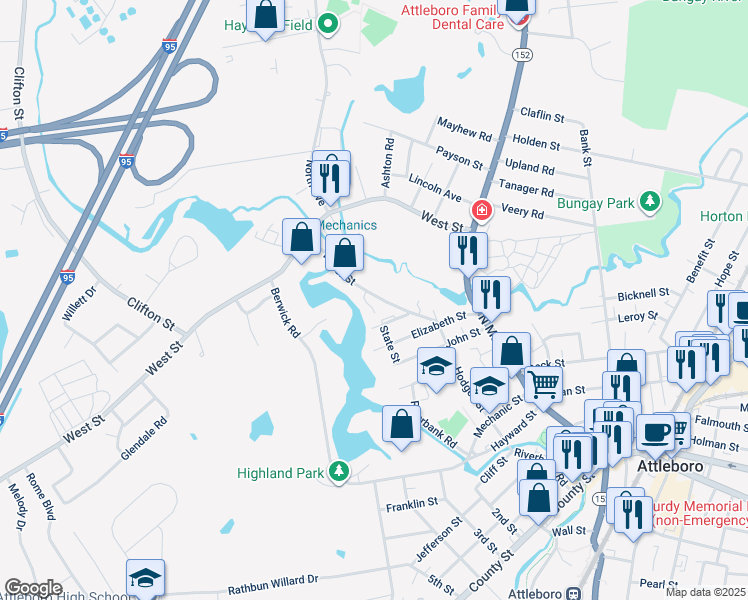 map of restaurants, bars, coffee shops, grocery stores, and more near 23 Milk Street in Attleboro
