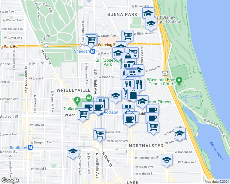 map of restaurants, bars, coffee shops, grocery stores, and more near 842 West Waveland Avenue in Chicago