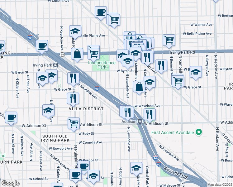 map of restaurants, bars, coffee shops, grocery stores, and more near 3730 North Ridgeway Avenue in Chicago