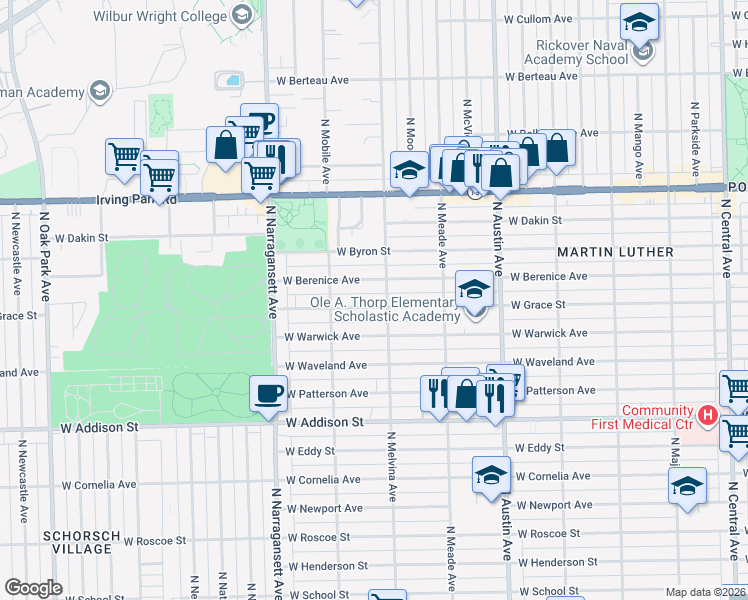 map of restaurants, bars, coffee shops, grocery stores, and more near 6201 West Grace Street in Chicago
