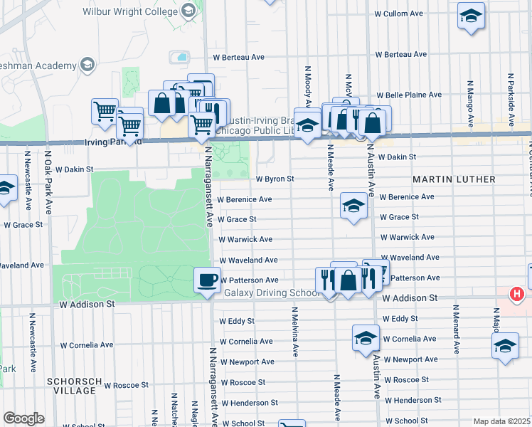 map of restaurants, bars, coffee shops, grocery stores, and more near 6235 West Grace Street in Chicago
