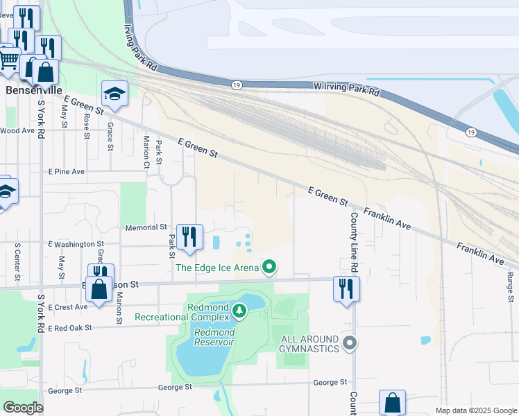 map of restaurants, bars, coffee shops, grocery stores, and more near 720 East Green Street in Bensenville