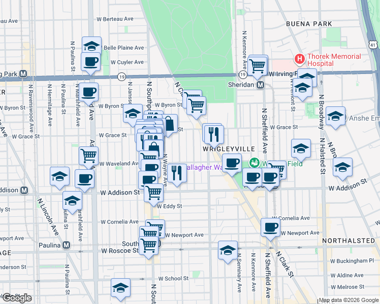 map of restaurants, bars, coffee shops, grocery stores, and more near 1250 West Waveland Avenue in Chicago