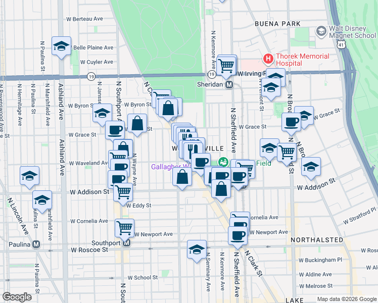map of restaurants, bars, coffee shops, grocery stores, and more near 1148 West Waveland Avenue in Chicago