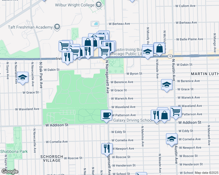 map of restaurants, bars, coffee shops, grocery stores, and more near 3751 North Narragansett Avenue in Chicago